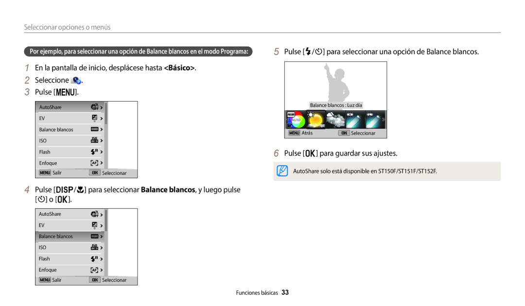 Samsung EC-ST150FBPBE1 manual Pulse F/t para seleccionar una opción de Balance blancos, Pulse o para guardar sus ajustes 