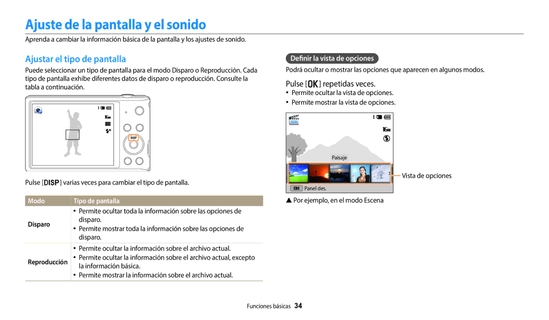 Samsung EC-ST150FBPWE1 manual Ajuste de la pantalla y el sonido, Ajustar el tipo de pantalla, Pulse o repetidas veces 