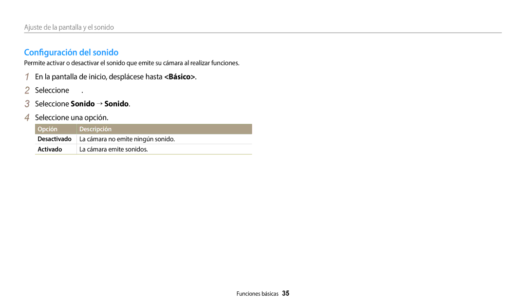 Samsung EC-ST152FBDBE1, EC-ST152FBDWE1 manual Configuración del sonido, Opción Descripción, La cámara no emite ningún sonido 