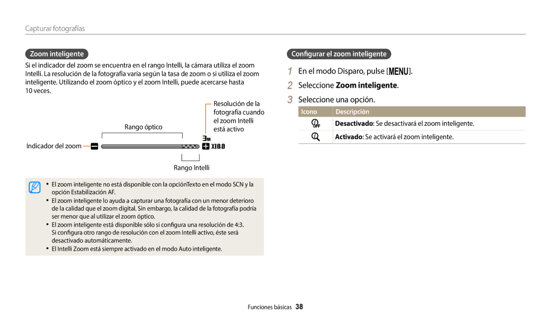Samsung EC-ST152FBDPE1 manual En el modo Disparo, pulse m, Seleccione Zoom inteligente, Configurar el zoom inteligente 