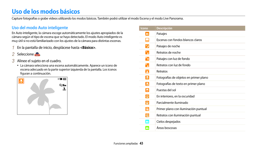Samsung EC-ST72ZZBPWIL, EC-ST152FBDWE1, EC-ST72ZZBPWE1 manual Uso de los modos básicos, Uso del modo Auto inteligente 