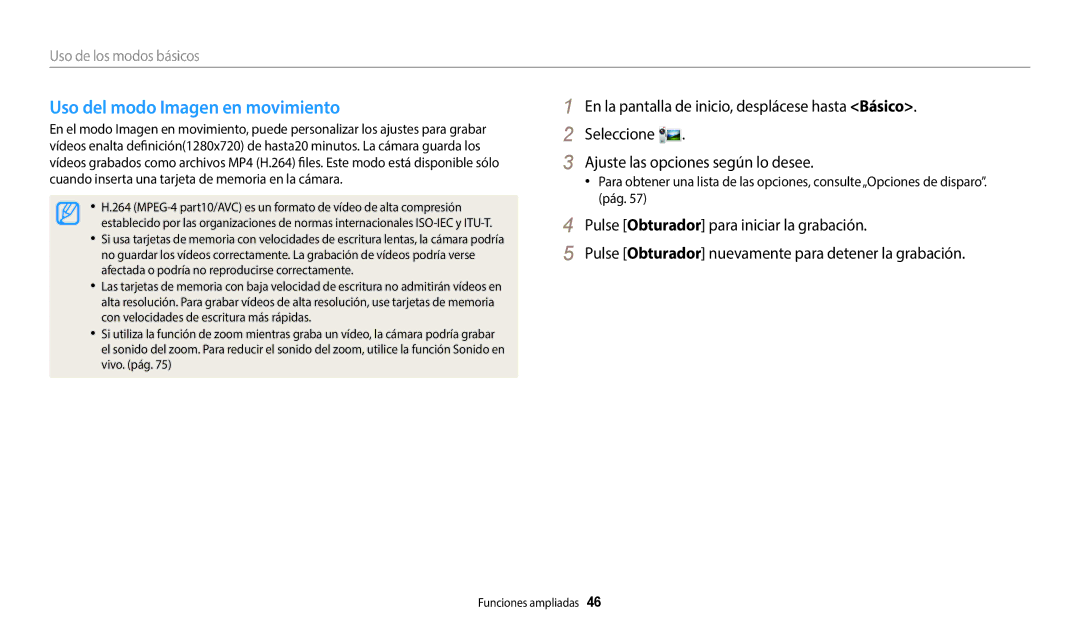 Samsung EC-ST150FBPWIL, EC-ST152FBDWE1, EC-ST72ZZBPWE1, EC-ST150FBPBE1, EC-ST150FBPWE1 manual Uso del modo Imagen en movimiento 