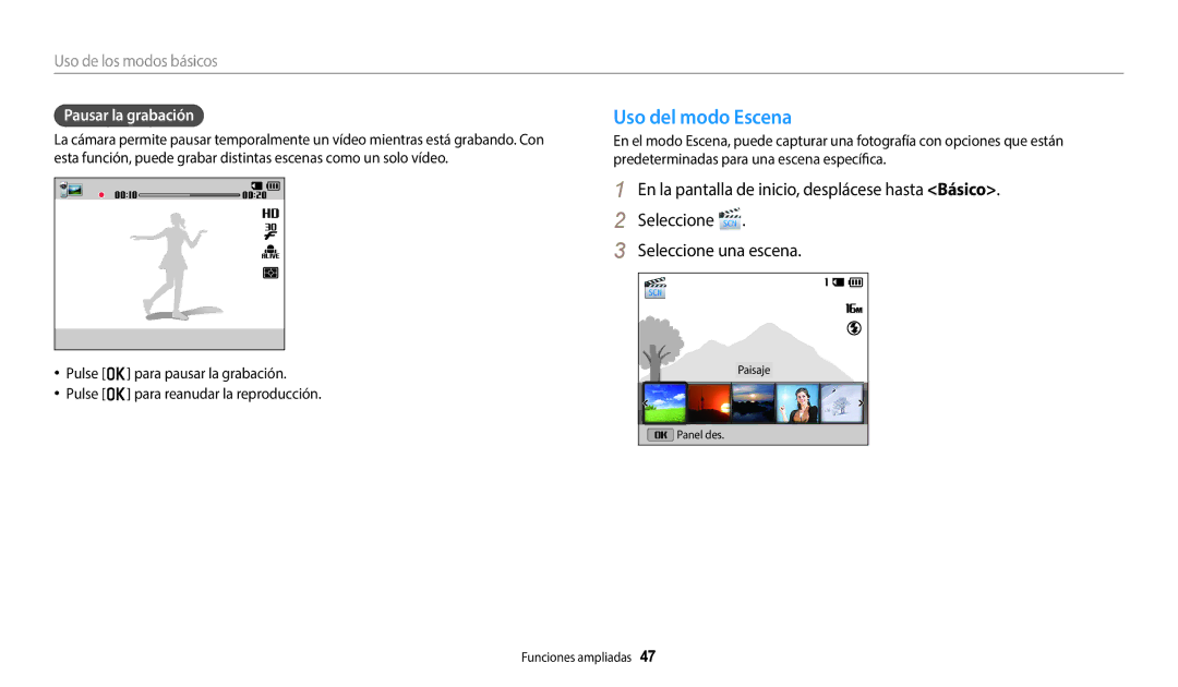 Samsung EC-ST152FBDWE1, EC-ST72ZZBPWE1, EC-ST150FBPBE1, EC-ST150FBPWE1 manual Uso del modo Escena, Pausar la grabación 