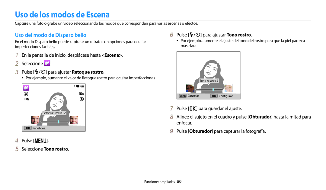 Samsung EC-ST150FBPWE1, EC-ST152FBDWE1, EC-ST72ZZBPWE1 manual Uso de los modos de Escena, Uso del modo de Disparo bello 