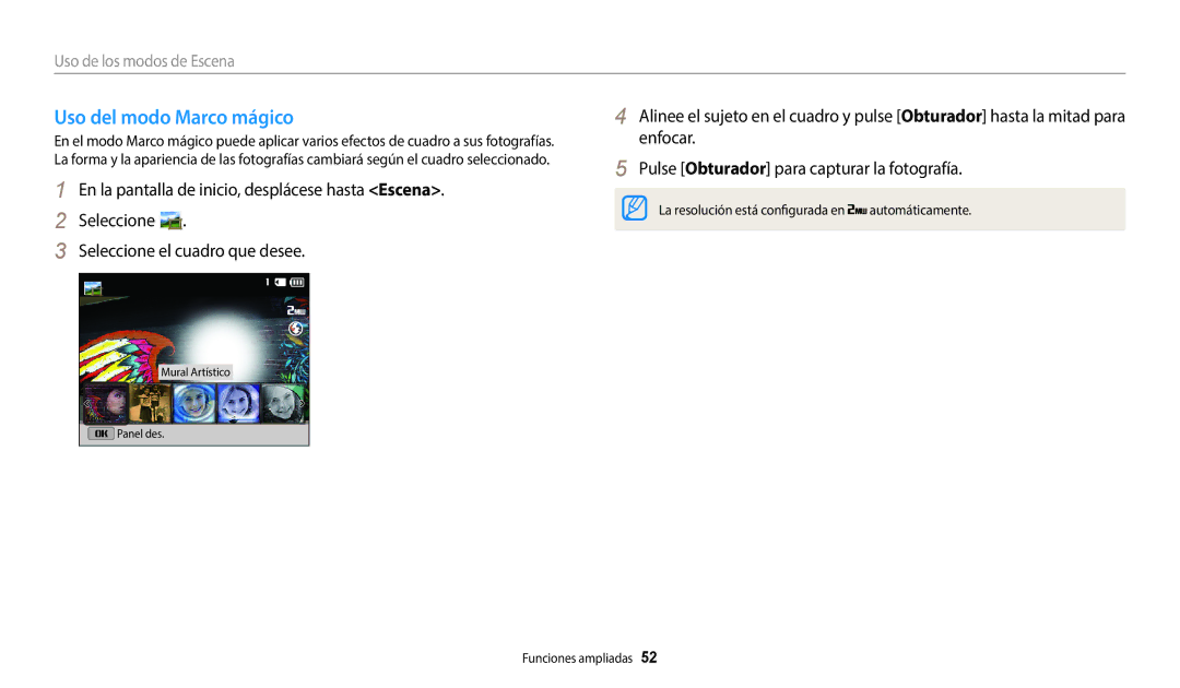 Samsung EC-ST72ZZBPLE1, EC-ST152FBDWE1, EC-ST72ZZBPWE1, EC-ST150FBPBE1, EC-ST150FBPWE1 manual Uso del modo Marco mágico 