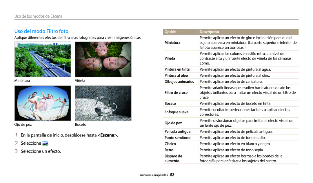 Samsung EC-ST72ZZBPBIL, EC-ST152FBDWE1, EC-ST72ZZBPWE1, EC-ST150FBPBE1, EC-ST150FBPWE1 manual Uso del modo Filtro foto 