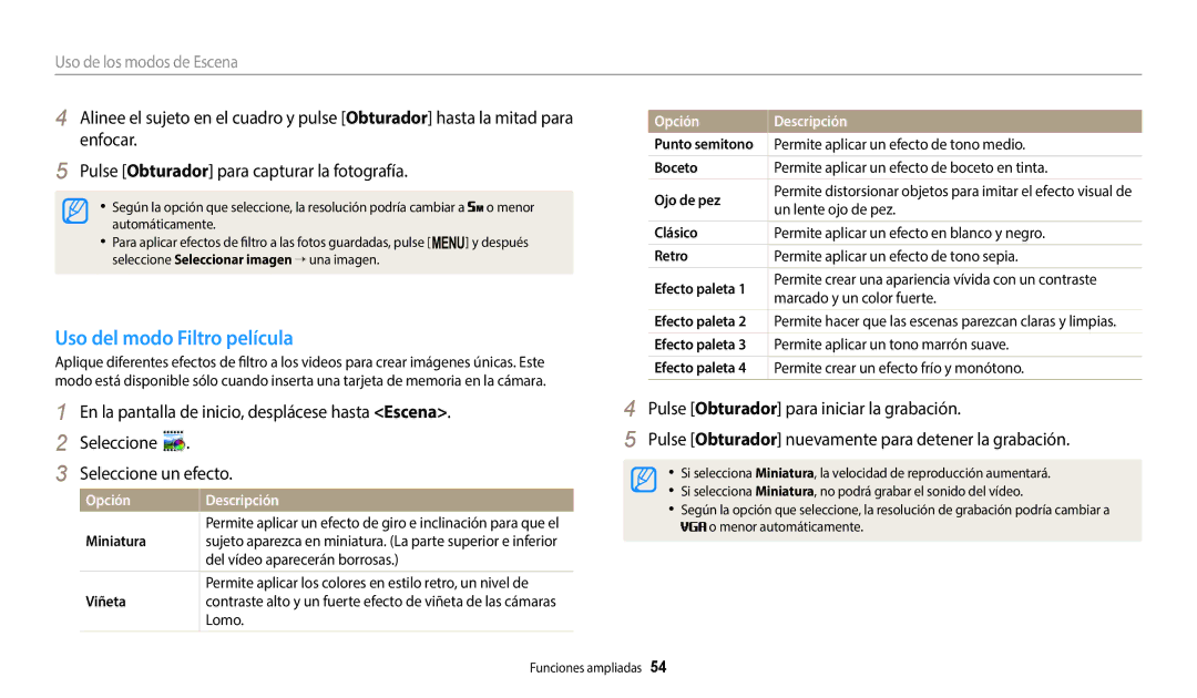 Samsung EC-ST152FBDPE1, EC-ST152FBDWE1, EC-ST72ZZBPWE1, EC-ST150FBPBE1 manual Uso del modo Filtro película, Efecto paleta 