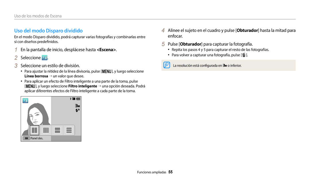 Samsung EC-ST72ZZBPRIL, EC-ST152FBDWE1, EC-ST72ZZBPWE1, EC-ST150FBPBE1, EC-ST150FBPWE1 manual Uso del modo Disparo dividido 