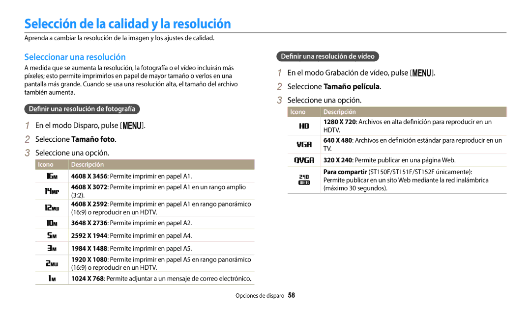 Samsung EC-ST150FBPSIL Selección de la calidad y la resolución, Seleccionar una resolución, Seleccione Tamaño película 