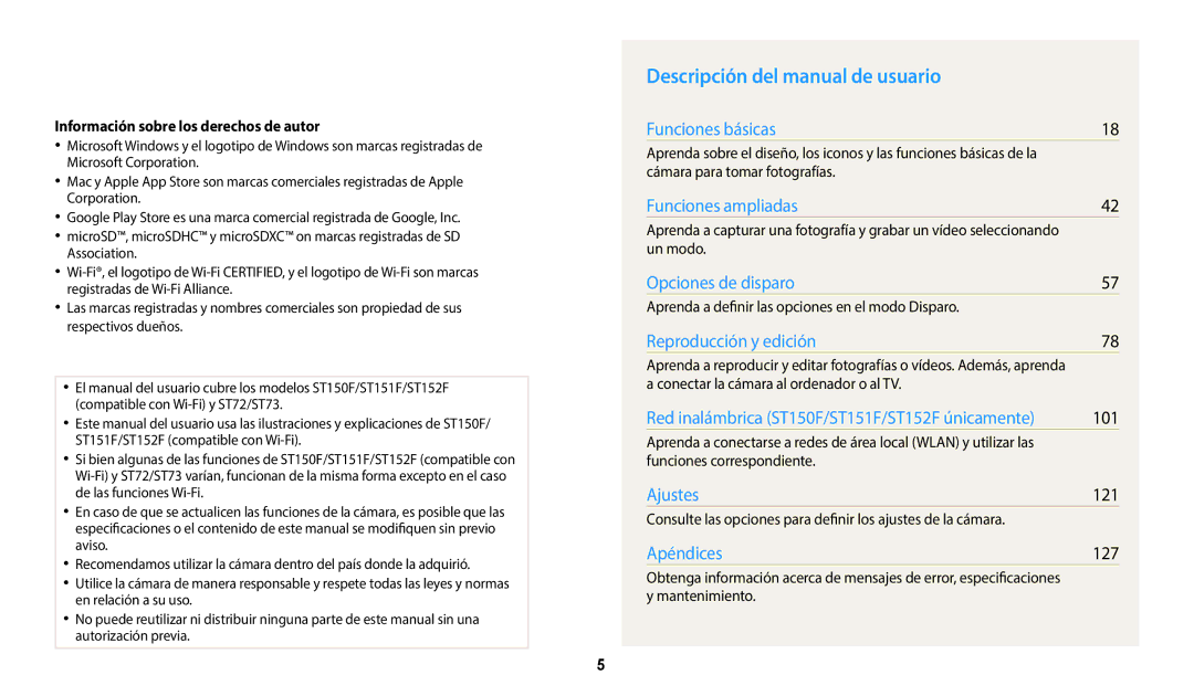 Samsung EC-ST72ZZBPBIL Descripción del manual de usuario, 101, 121, 127, Información sobre los derechos de autor 