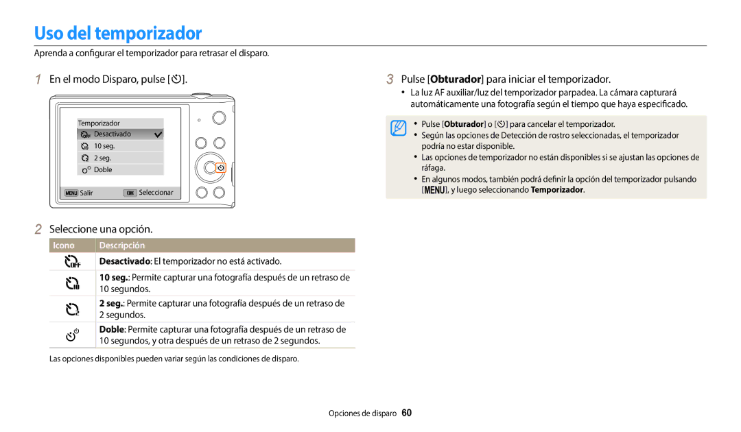 Samsung EC-ST72ZZBPRE1 Uso del temporizador, En el modo Disparo, pulse t, Pulse Obturador para iniciar el temporizador 