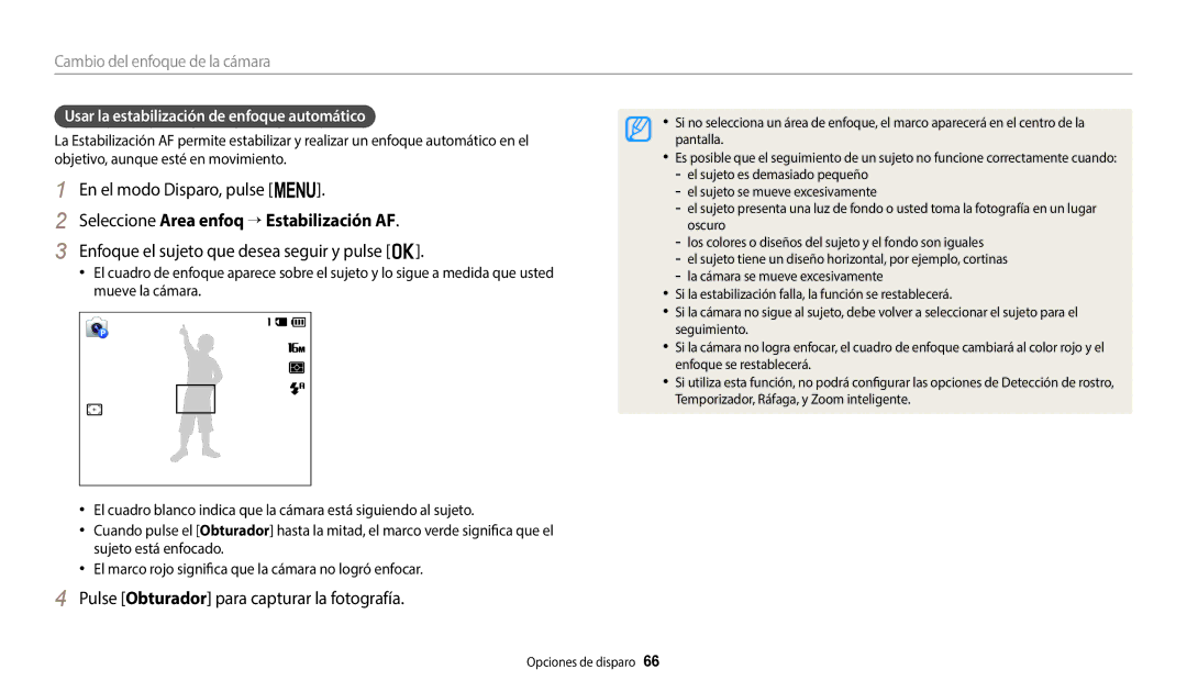 Samsung EC-ST150FBPWE1 manual Seleccione Area enfoq → Estabilización AF, Enfoque el sujeto que desea seguir y pulse o 