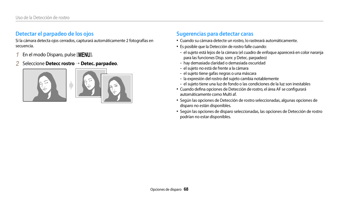 Samsung EC-ST72ZZBPLE1, EC-ST152FBDWE1, EC-ST72ZZBPWE1 Detectar el parpadeo de los ojos, Sugerencias para detectar caras 