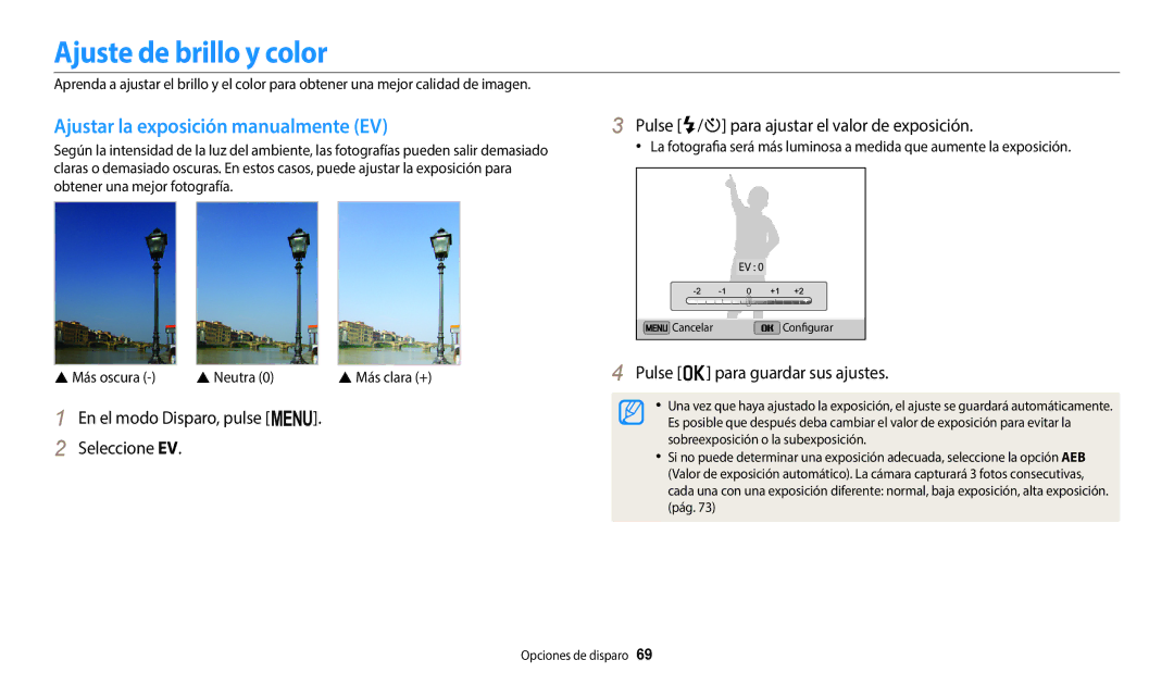 Samsung EC-ST72ZZBPBIL, EC-ST152FBDWE1, EC-ST72ZZBPWE1 Ajuste de brillo y color, Ajustar la exposición manualmente EV 