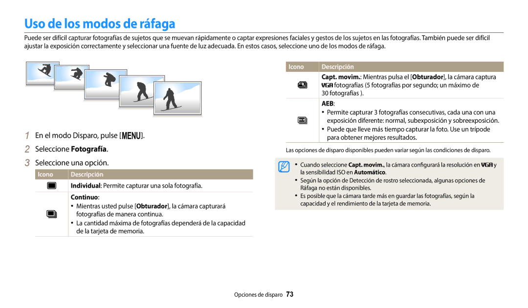 Samsung EC-ST150FBPBIL, EC-ST152FBDWE1, EC-ST72ZZBPWE1, EC-ST150FBPBE1 Uso de los modos de ráfaga, Continuo, Fotografías 