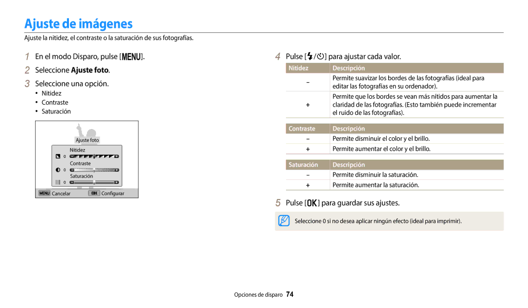 Samsung EC-ST150FBPSIL manual Ajuste de imágenes, Pulse F/t para ajustar cada valor, Nitidez, Contraste, Saturación 