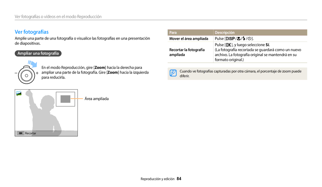 Samsung EC-ST72ZZBPLE1 manual Ver fotografías, Ampliar una fotografía, Para Descripción, Recortar la fotografía, Ampliada 