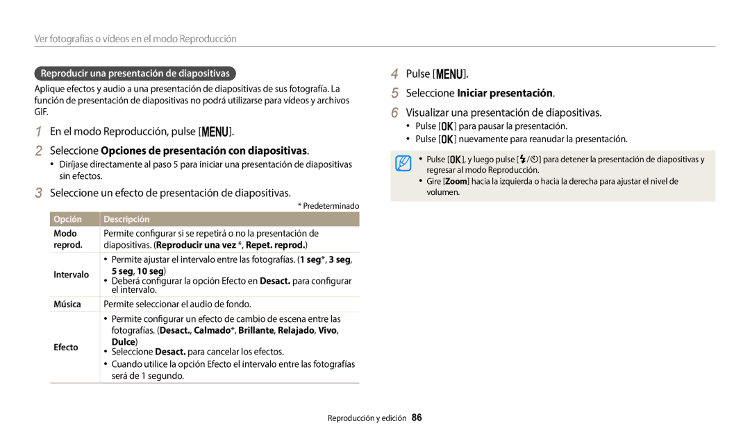 Samsung EC-ST152FBDPE1 manual Seleccione Opciones de presentación con diapositivas, Seleccione Iniciar presentación 