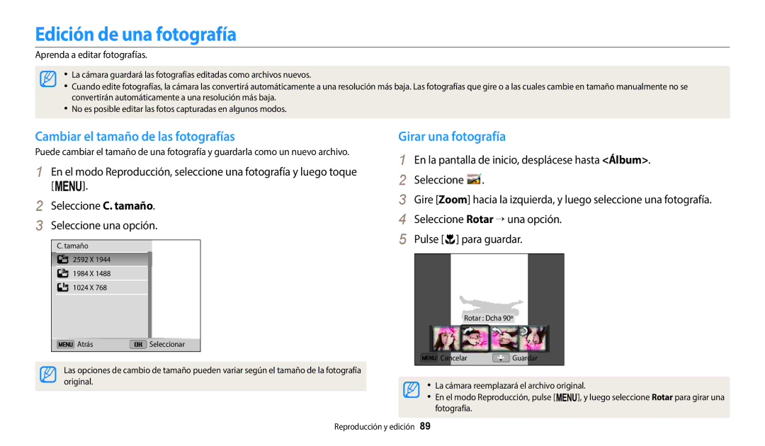 Samsung EC-ST150FBPBIL manual Edición de una fotografía, Cambiar el tamaño de las fotografías, Girar una fotografía 