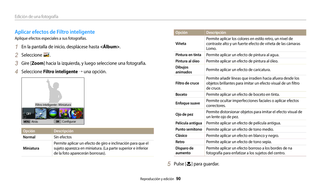 Samsung EC-ST150FBPSIL Aplicar efectos de Filtro inteligente, En la pantalla de inicio, desplácese hasta Álbum Seleccione 