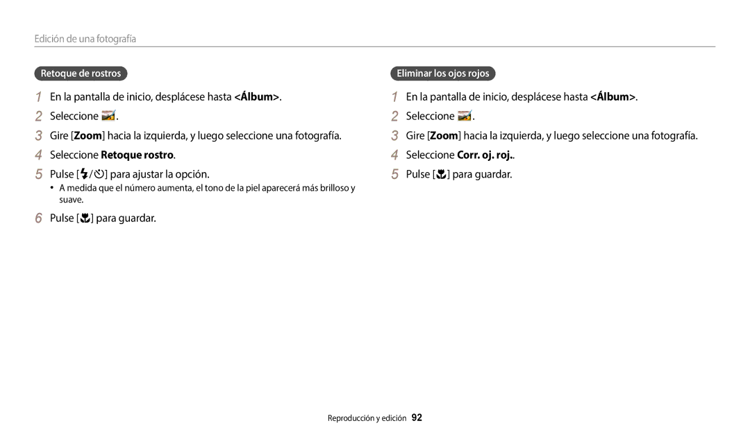 Samsung EC-ST72ZZBPRE1 manual Seleccione Retoque rostro, Pulse F/t para ajustar la opción, Seleccione Corr. oj. roj 