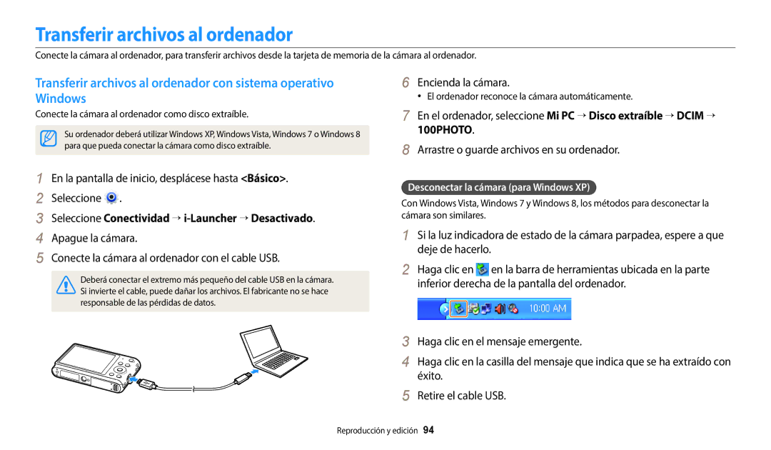 Samsung EC-ST150FBPWIL manual Transferir archivos al ordenador, Seleccione Conectividad → i-Launcher → Desactivado 