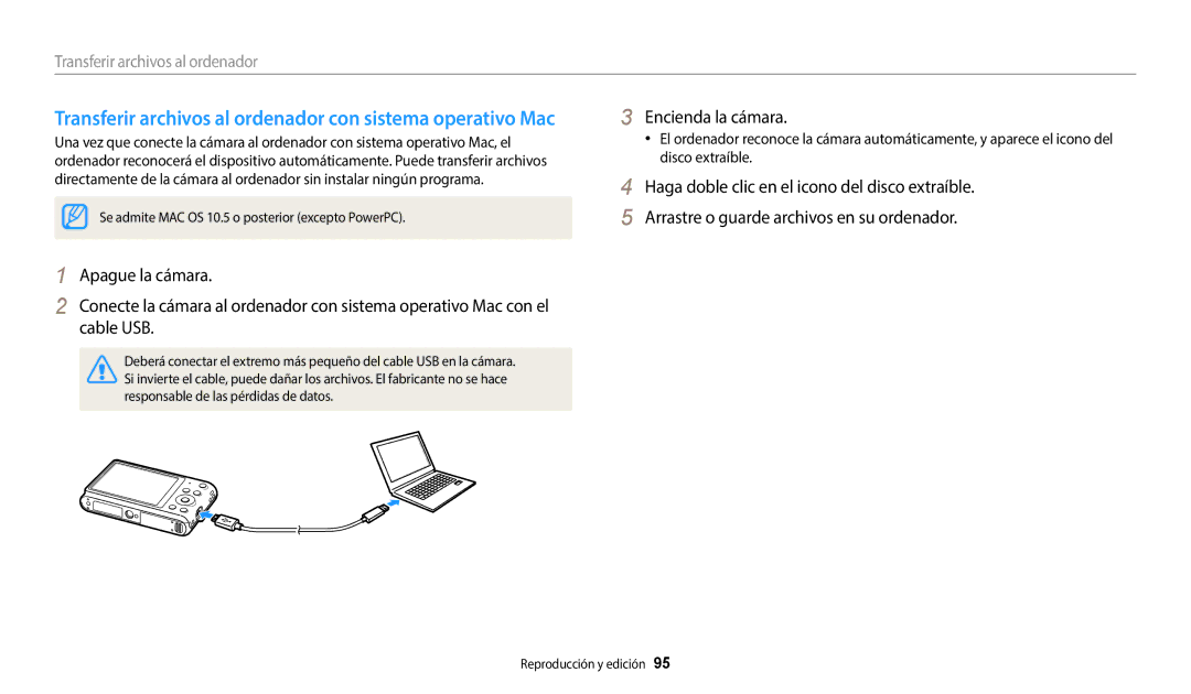 Samsung EC-ST152FBDWE1, EC-ST72ZZBPWE1, EC-ST150FBPBE1 manual Transferir archivos al ordenador con sistema operativo Mac 