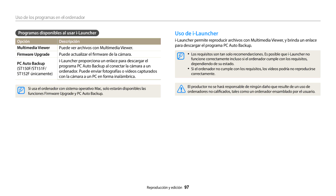 Samsung EC-ST150FBPBE1 Uso de i-Launcher, Programas disponibles al usar i-Launcher, Multimedia Viewer, Firmware Upgrade 