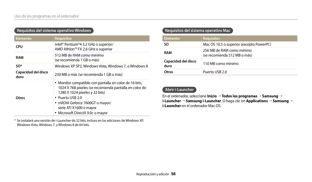 Samsung EC-ST150FBPWE1 Requisitos del sistema operativo Windows, Requisitos del sistema operativo Mac, Abrir i-Launcher 