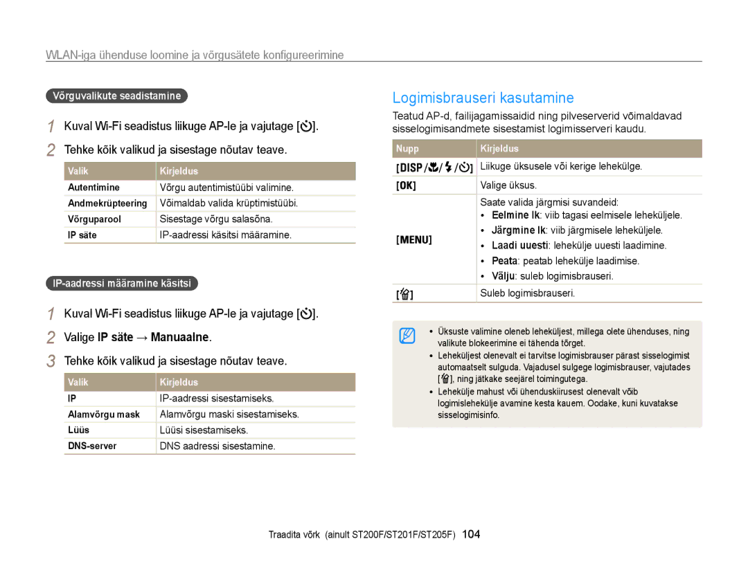 Samsung EC-ST200FBPSE2 manual Logimisbrauseri kasutamine, WLAN-iga ühenduse loomine ja võrgusätete konfigureerimine 