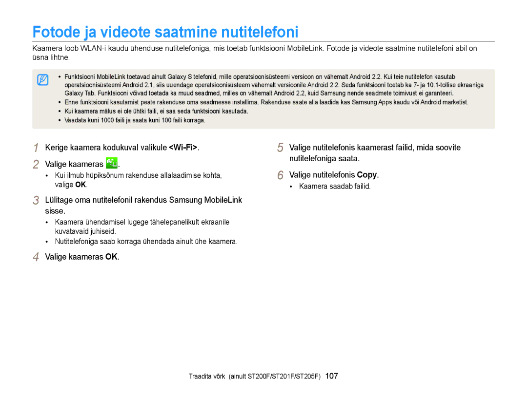 Samsung EC-ST200FBPBE2 Fotode ja videote saatmine nutitelefoni, Kerige kaamera kodukuval valikule Wi-Fi Valige kaameras 