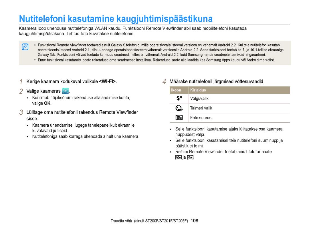 Samsung EC-ST200FBPSE2 manual Nutitelefoni kasutamine kaugjuhtimispäästikuna, Määrake nutitelefonil järgmised võttesuvandid 