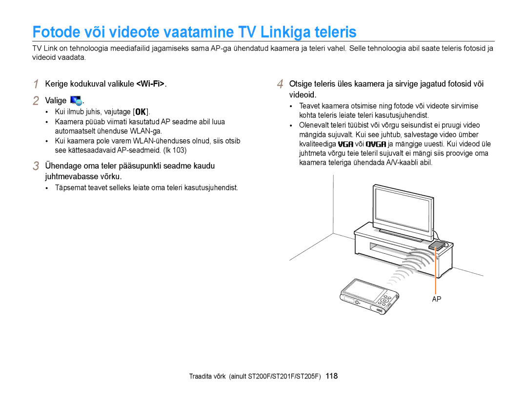 Samsung EC-ST200FBPRE2 manual Fotode või videote vaatamine TV Linkiga teleris, Kerige kodukuval valikule Wi-Fi Valige 