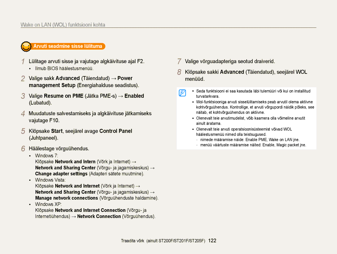 Samsung EC-ST200FBPRE2 manual Wake on LAN WOL funktsiooni kohta, Lülitage arvuti sisse ja vajutage algkäivituse ajal F2 