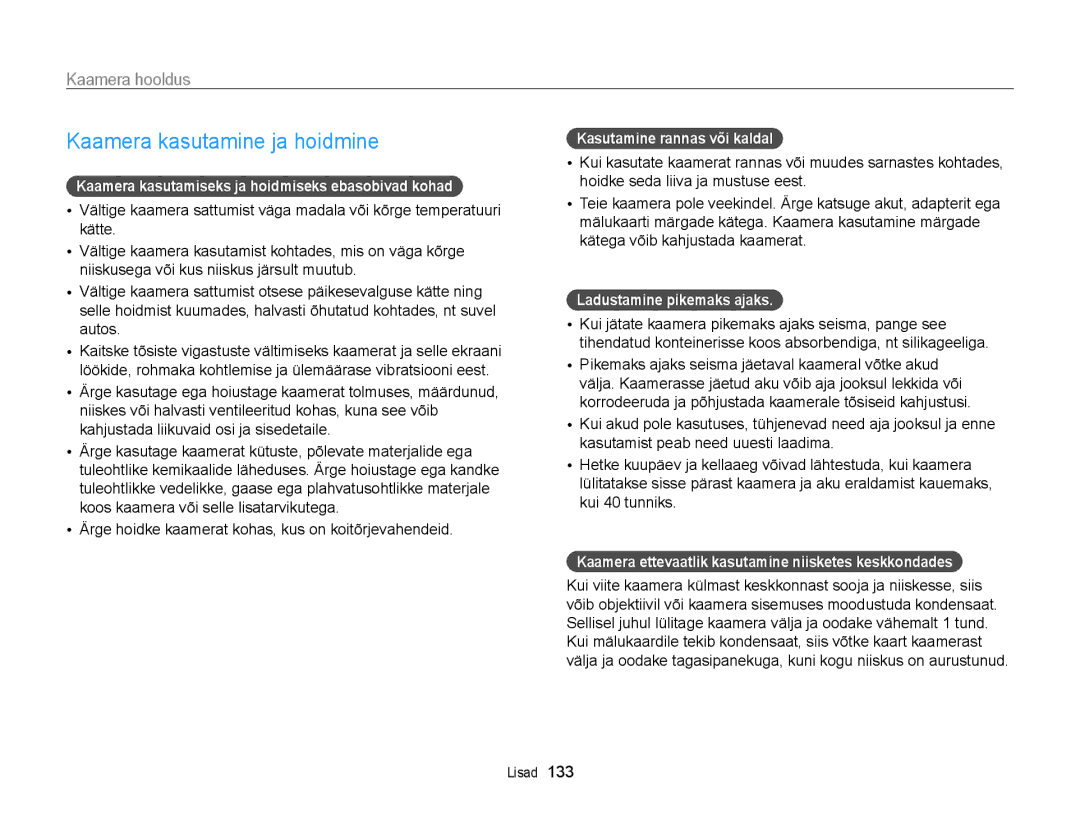 Samsung EC-ST200FBPLE2, EC-ST200FBPBE2, EC-ST200FBPSE2, EC-ST200FBPRE2 manual Kaamera kasutamine ja hoidmine, Kaamera hooldus 