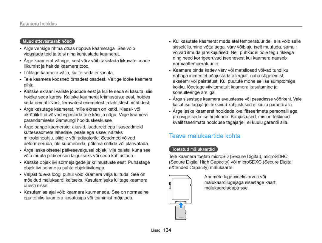 Samsung EC-ST200FBPRE2, EC-ST200FBPBE2 manual Teave mälukaartide kohta, Muud ettevaatusabinõud, Toetatud mälukaardid 