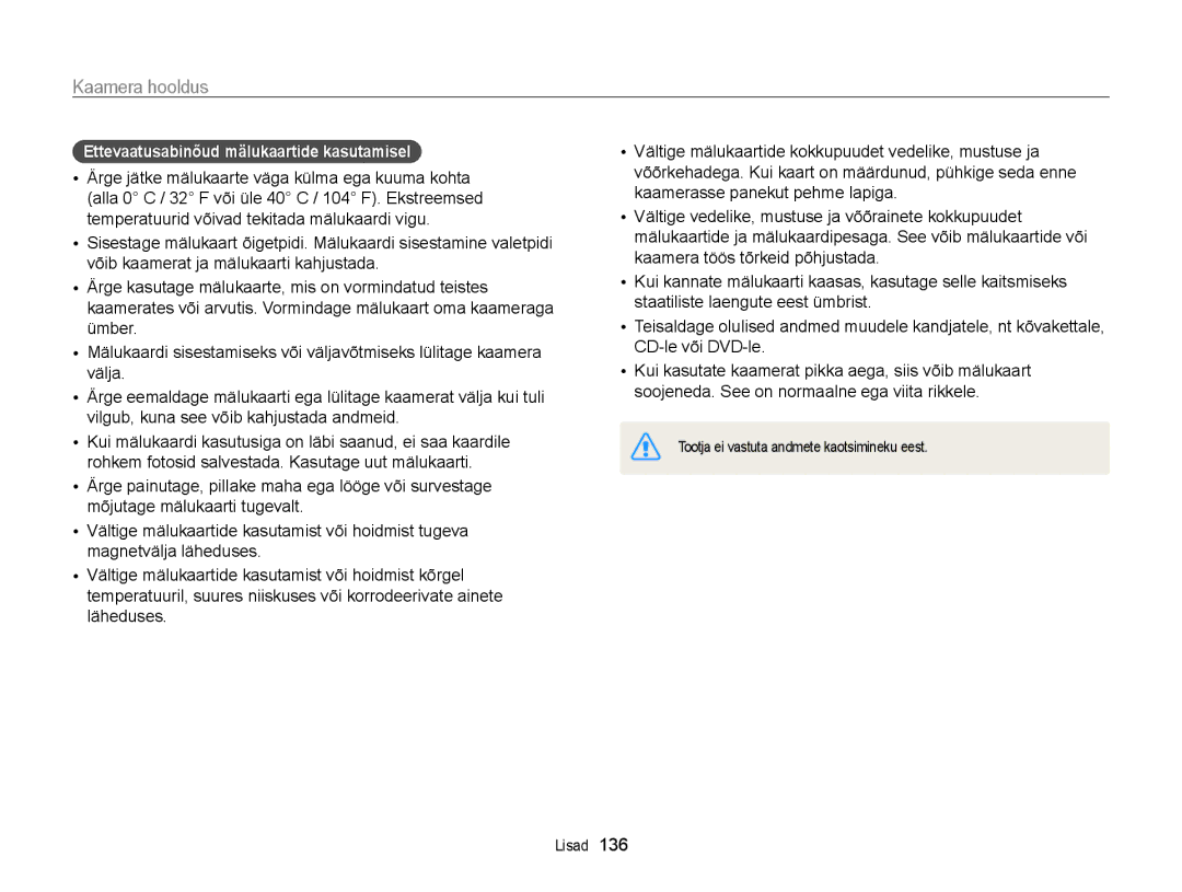 Samsung EC-ST200FBPSE2, EC-ST200FBPBE2, EC-ST200FBPLE2, EC-ST200FBPRE2 manual Ettevaatusabinõud mälukaartide kasutamisel 