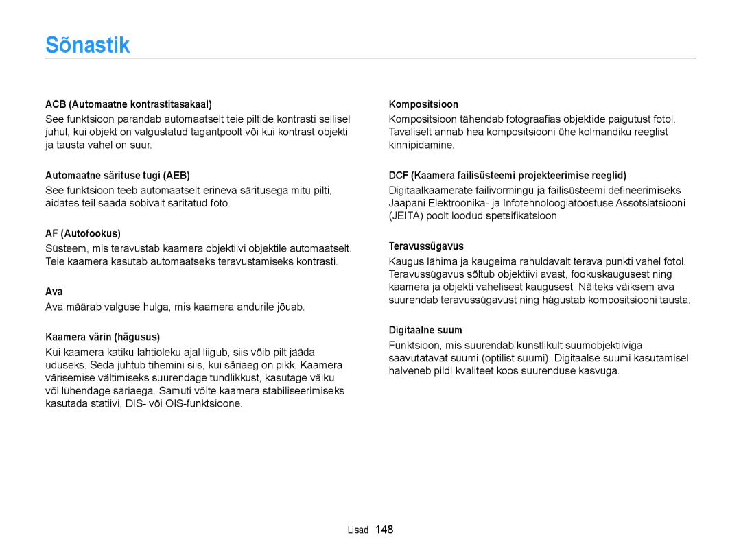 Samsung EC-ST200FBPSE2, EC-ST200FBPBE2, EC-ST200FBPLE2, EC-ST200FBPRE2 manual Sõnastik 