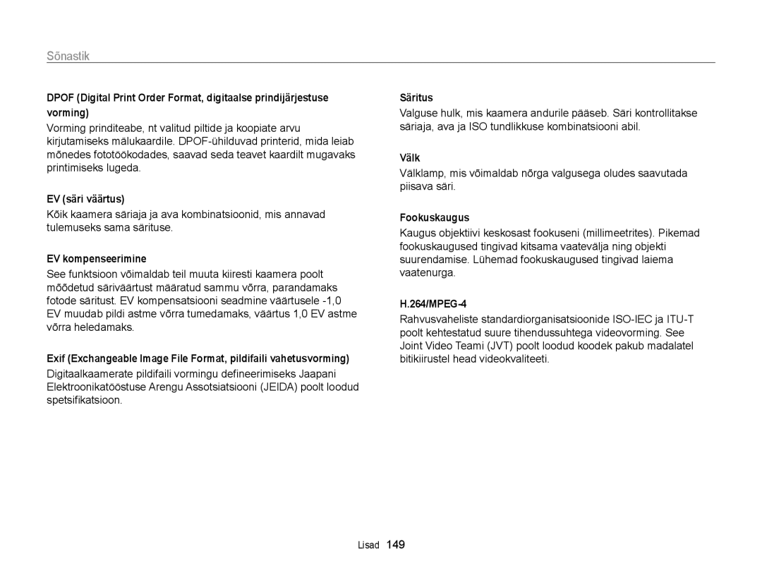 Samsung EC-ST200FBPLE2, EC-ST200FBPBE2, EC-ST200FBPSE2, EC-ST200FBPRE2 manual Sõnastik 