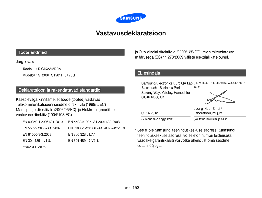 Samsung EC-ST200FBPLE2, EC-ST200FBPBE2, EC-ST200FBPSE2, EC-ST200FBPRE2 manual Vastavusdeklaratsioon, Järgnevale 