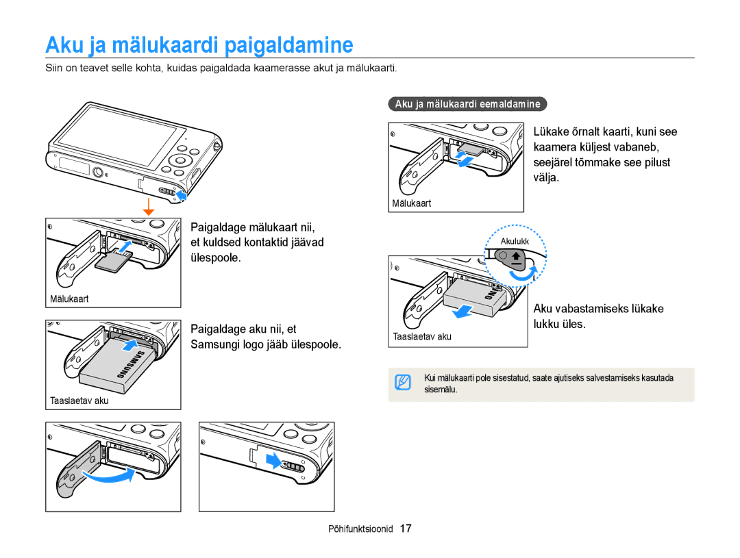 Samsung EC-ST200FBPLE2 Aku ja mälukaardi paigaldamine, Aku vabastamiseks lükake lukku üles, Aku ja mälukaardi eemaldamine 