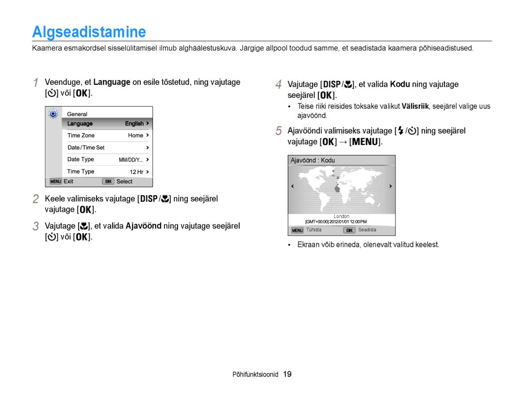 Samsung EC-ST200FBPBE2, EC-ST200FBPSE2, EC-ST200FBPLE2 manual Algseadistamine, Ajavööndi valimiseks vajutage / ning seejärel 