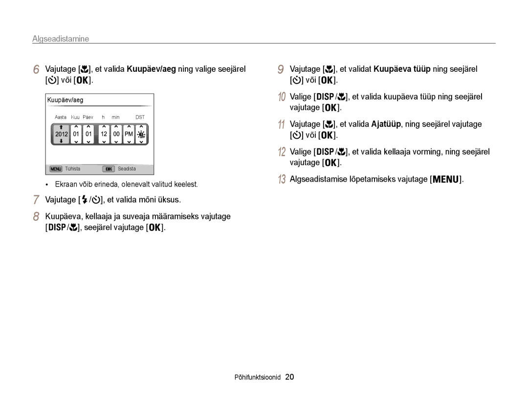 Samsung EC-ST200FBPSE2, EC-ST200FBPBE2, EC-ST200FBPLE2, EC-ST200FBPRE2 manual Algseadistamine 