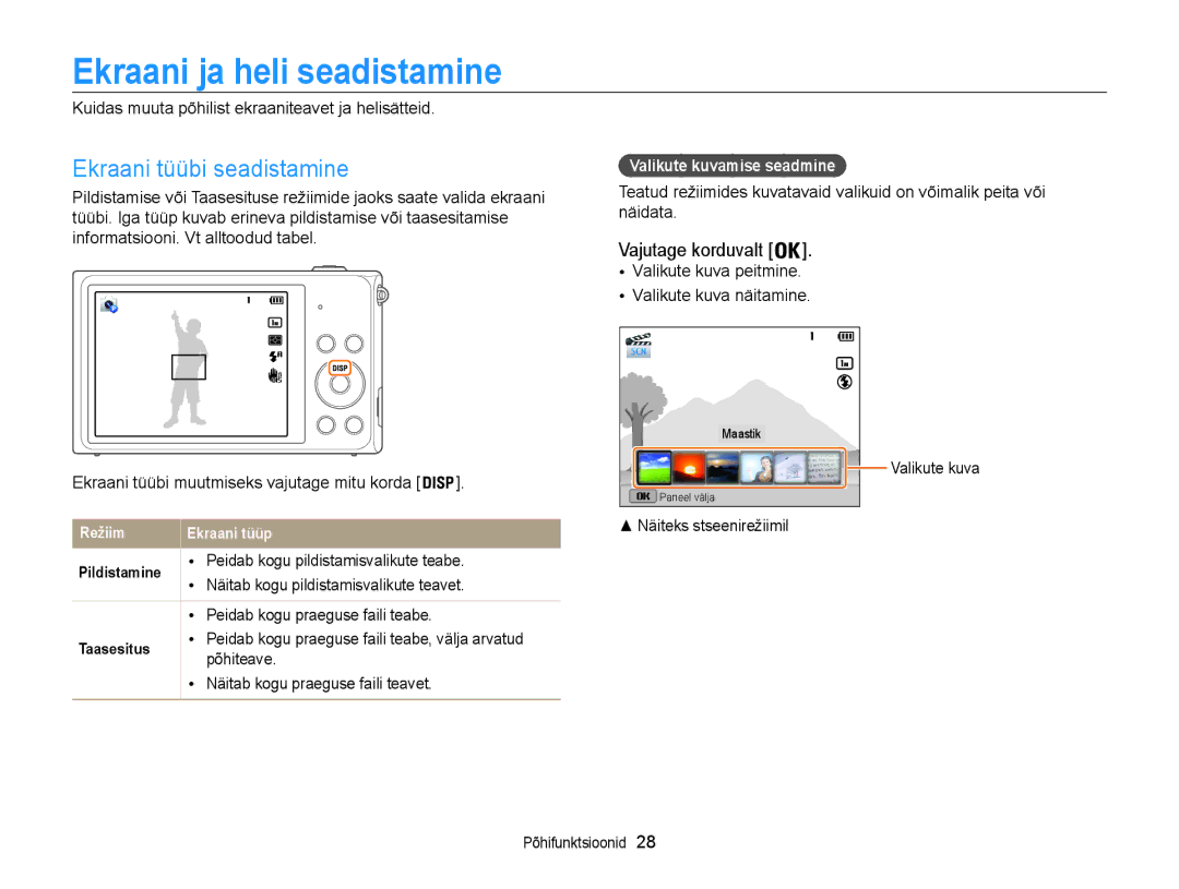 Samsung EC-ST200FBPSE2 manual Ekraani ja heli seadistamine, Ekraani tüübi seadistamine, Valikute kuvamise seadmine 