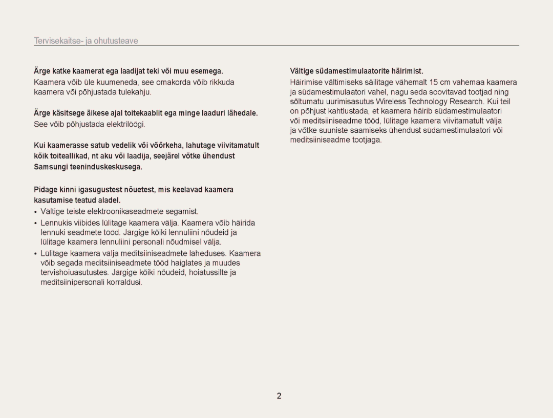 Samsung EC-ST200FBPRE2 manual Tervisekaitse- ja ohutusteave, Ärge katke kaamerat ega laadijat teki või muu esemega 