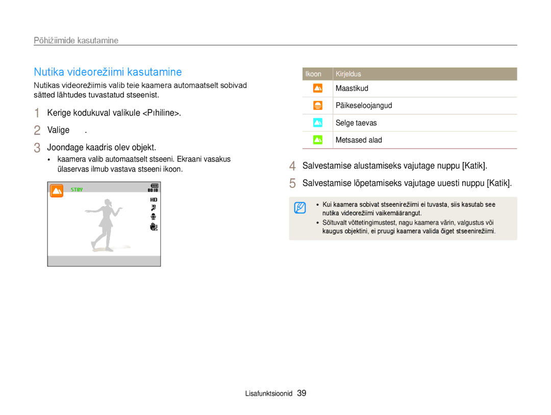 Samsung EC-ST200FBPBE2 manual Nutika videorežiimi kasutamine, Salvestamise alustamiseks vajutage nuppu Katik, Maastikud 