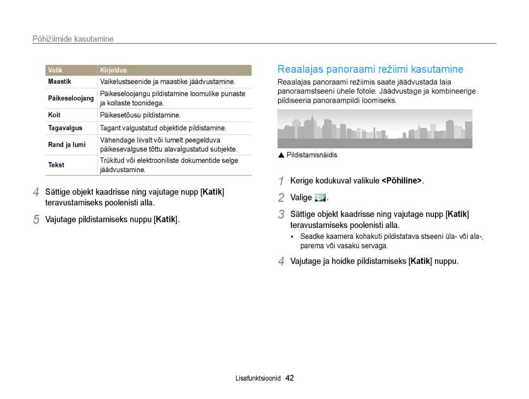 Samsung EC-ST200FBPRE2, EC-ST200FBPBE2 manual Reaalajas panoraami režiimi kasutamine, Teravustamiseks poolenisti alla 