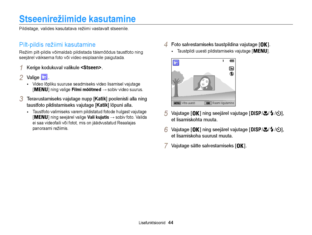 Samsung EC-ST200FBPSE2 manual Stseenirežiimide kasutamine, Pilt-pildis režiimi kasutamine, Et lisamiskohta muuta Vajutage 