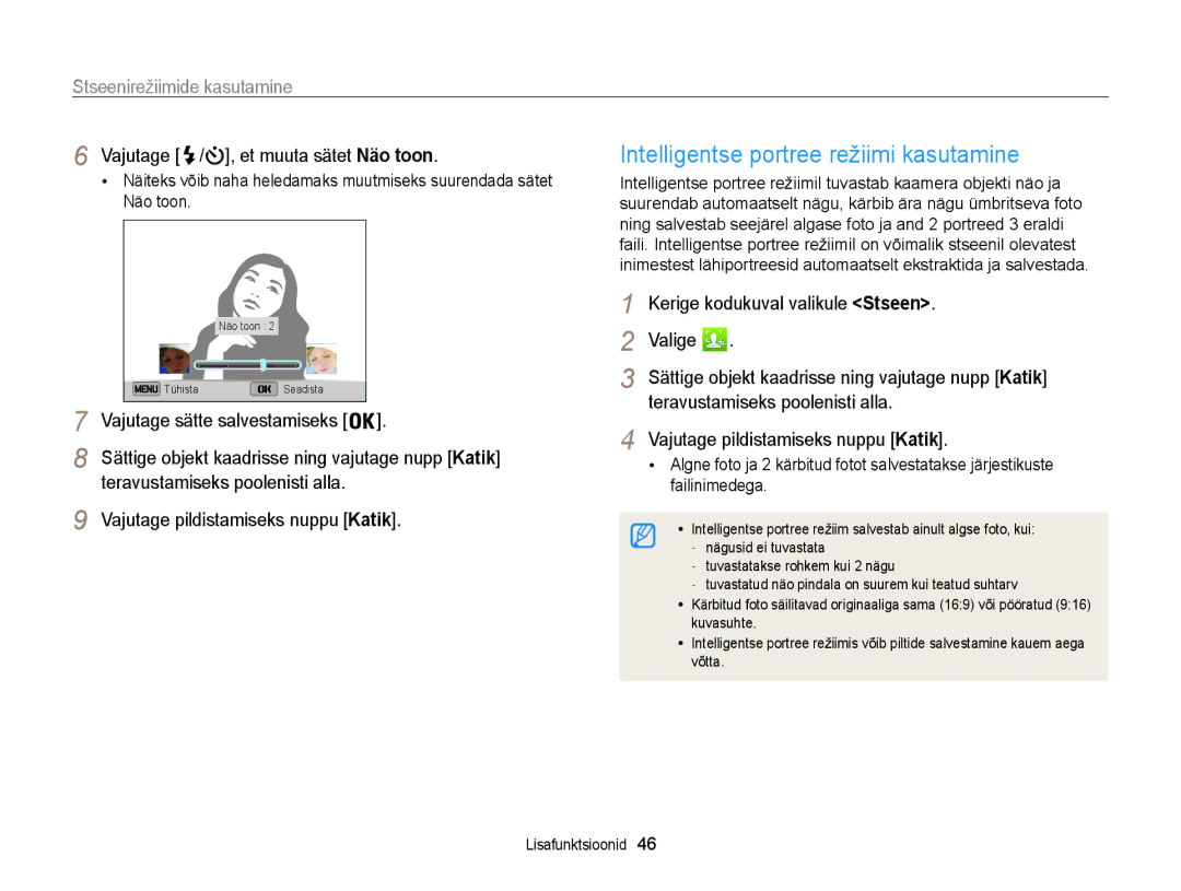 Samsung EC-ST200FBPRE2, EC-ST200FBPBE2 manual Intelligentse portree režiimi kasutamine, Vajutage / , et muuta sätet Näo toon 