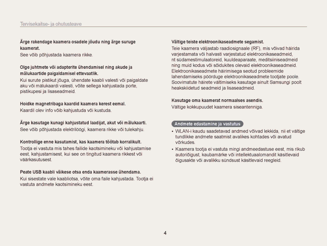 Samsung EC-ST200FBPSE2 manual Kontrollige enne kasutamist, kas kaamera töötab korralikult, Andmete edastamine ja vastutus 